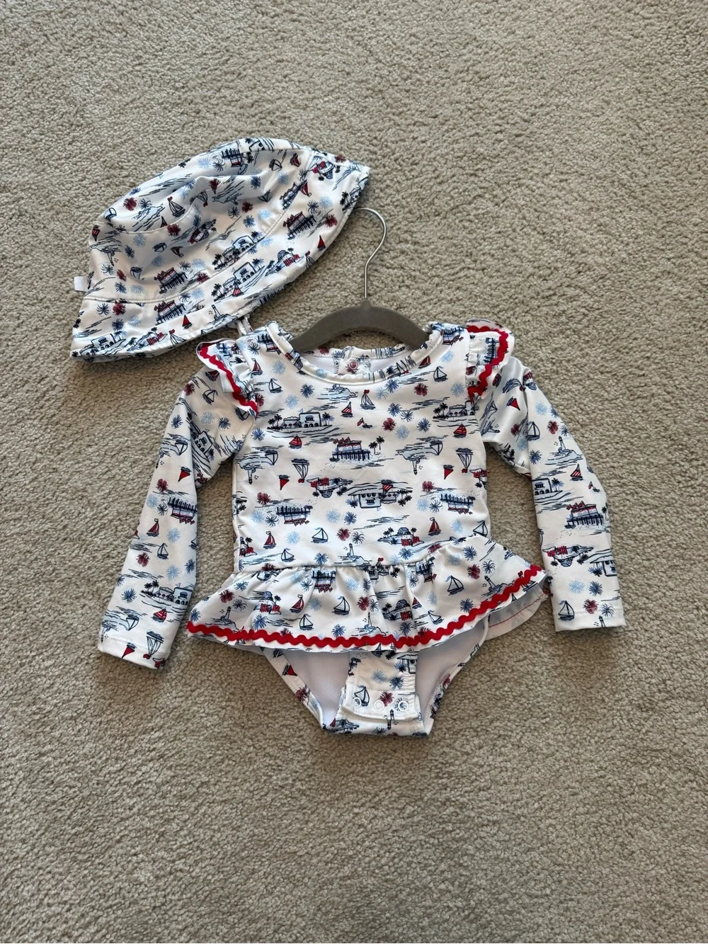 Sperry Girls One-Piece Rash Guard Swimsuit in White, Navy & Red